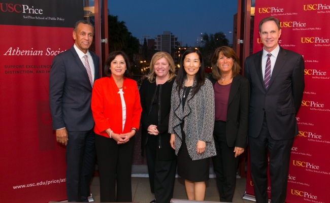 The speakers with Price Dean Jack Knott (right), Moderator Bonnie Reiss (second from Right) and USC Senior Vice President Thomas Sayles (left)