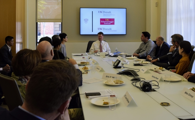 Assistant Secretary of Defense for Indo-Pacific Security Affairs Randall Schriver talks to USC faculty and PhD students.