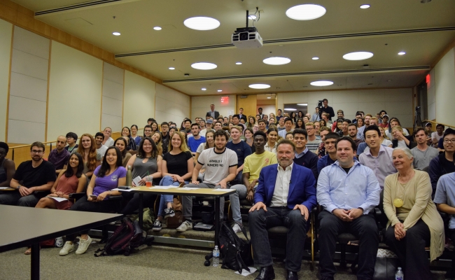 Arnold Schwarzenegger, Christian Grose, and Fran Pavley teach USC students about AB 32.