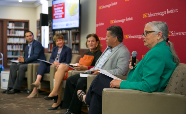 USC Schwarzenegger Institute Environmental Director Fran Pavley moderates a panel featuring Sam Jammal, Bob Keefe, Mia Lehrer, and Mary Leslie.