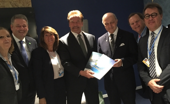 Michele Sabban, Andrä Rupprechter, Austrian Federal Minister of Environment, Bonnie Reiss, Governor Arnold Schwarzenegger, Laurent Fabius, French Foreign minister and President of the COP21, Terry Tam