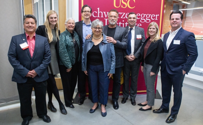 Bob Keefe, Julia Pyper, Fran Pavley, Richard Saines, Mary Nichols, Gov. Schwarzenegger, Antonio Bento, Kristen James, and Mike Swords at the Federal Carbon Pricing Policy Discussion.