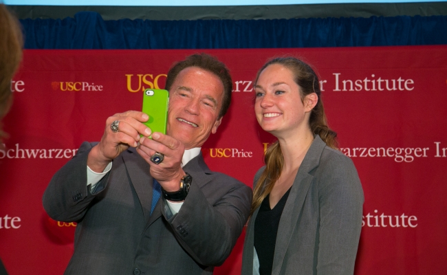 Arnold Schwarzenegger and USC Student Fellow Sarah McMinimy