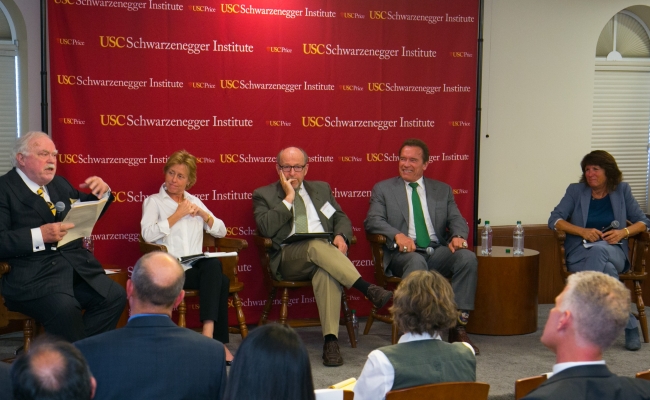 Kevin Starr-University Professor, Susan Kennedy-CEO, Advanced Microgrid Solutions, Lester Snow-Executive Director, California Water Foundation, Arnold Schwarzenegger, Bonnie Reiss