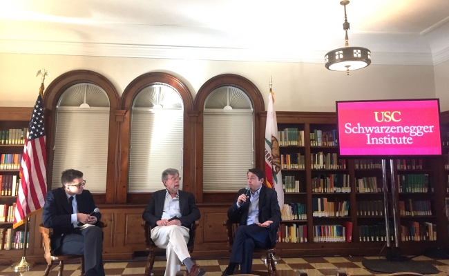 Sean Clegg (right) discusses California's top-two primary system with Bill Carrick (center) and David Siders (left)