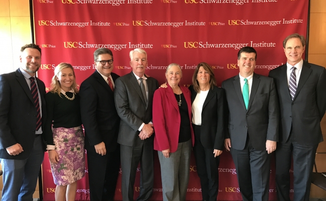 From left: Conyers Davis, Mebus Behrle, Senator Robert Hertzberg, Dr. Philip Landrigan, Senator Fran Pavley, Bonnie Reiss, Dr. Richard Fuller, Dean Jack Knott