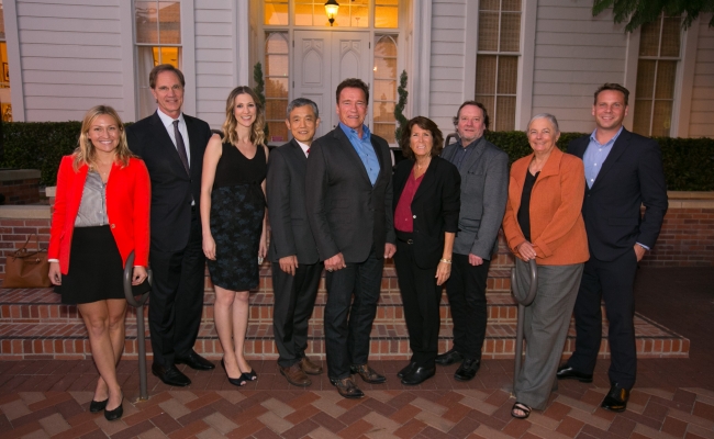 From Left: Mebus Behrle, Dean Jack Knott, Lauren Faber, Dean Xue Lan, Arnold Schwarzenegger, Bonnie Reiss, Dean Helmut Anheier, Fran Pavley, Conyers Davis