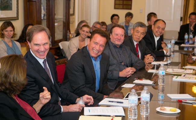 Dean Jack Knott and Governor Arnold Schwarzenegger, Dean Xue Lan and Dean Helmut Anheier