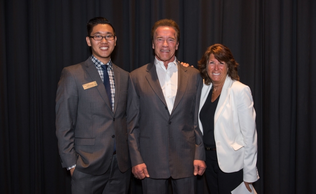 Shawn Rhoads, Executive Director of the USC Environmental Student Assembly, Governor Arnold Schwarzenegger, Bonnie Reiss, Global Director of the Schwarzenegger Institute