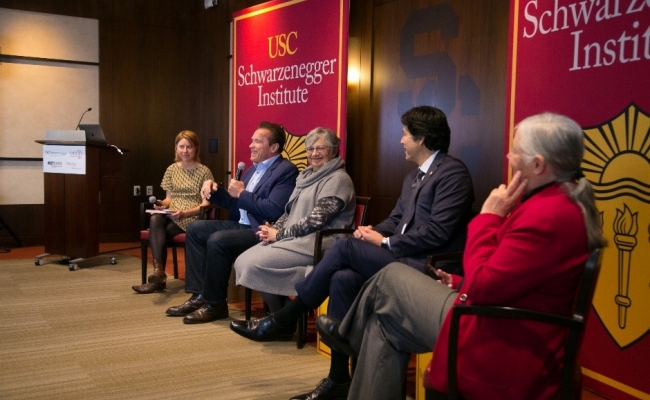 Moderator Emily Wimberger discusses environmental policies with former California Governor Arnold Schwarzenegger, CARB Chair Mary Nichols, and former Senators Kevin de León and Fran Pavley.