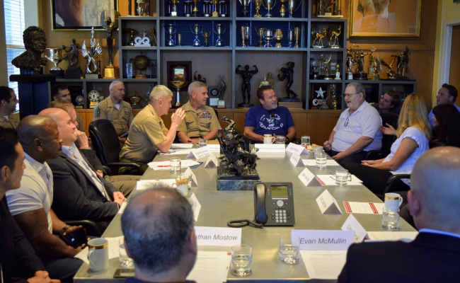 Governor Arnold Schwarzenegger hosts a roundtable with senior leaders of the United States Marine Corps and writers, directors, producers and executives from across the entertainment industry.