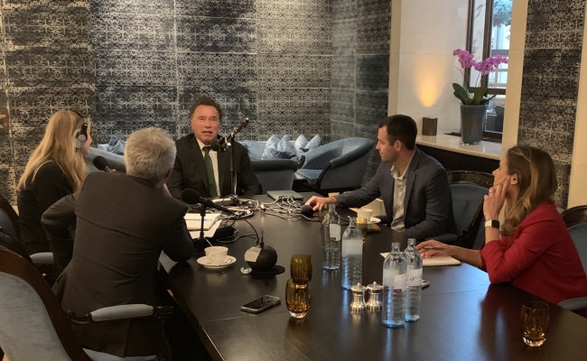Arnold Schwarzenegger talks to Political Climate co-hosts Shane Skelton, Brandon Hurlbut, and Julia Pyper.
