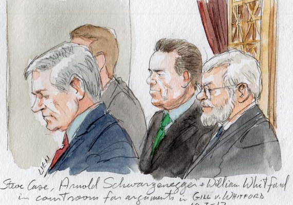 Steve Case, Arnold Schwarzenegger and William Whitford seated in courtroom during argument (Art Lien)