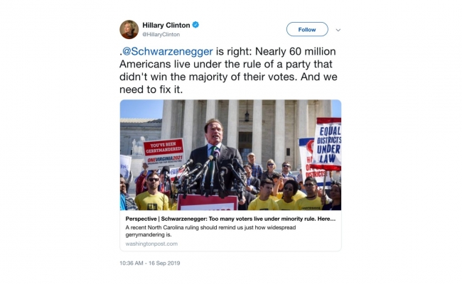 Former United States Senator and United States Secretary of State Hillary Clinton tweets in support of Governor Schwarzenegger's Washington Post Op-Ed.
